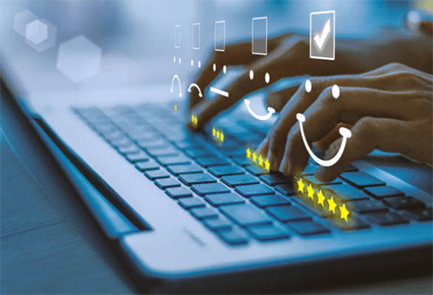 Customer feedback-tycoonstory | tycoonstory media Hands typing on a laptop with glowing smiley icons and star ratings, symbolizing feedback and digital strategies to keep customers happy.