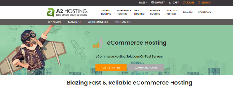 A2hosting 7-tycoonstory (1) (1) | tycoonstory media A2 hosting’s ecommerce hosting page showcasing fast and reliable hosting solutions with plan options.