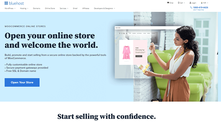 Ecommerce hosting providers Screenshot of bluehost’s woocommerce hosting page, promoting tools to build and launch an online store.