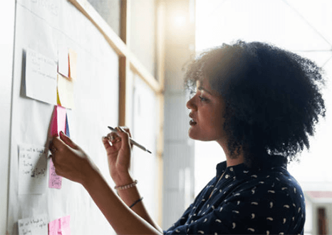 Financial tips for entrepreneurs-tycoonstory | tycoonstory media Entrepreneurs brainstorming and organizing ideas on a wall using sticky notes to plan and strategize for business growth and development.