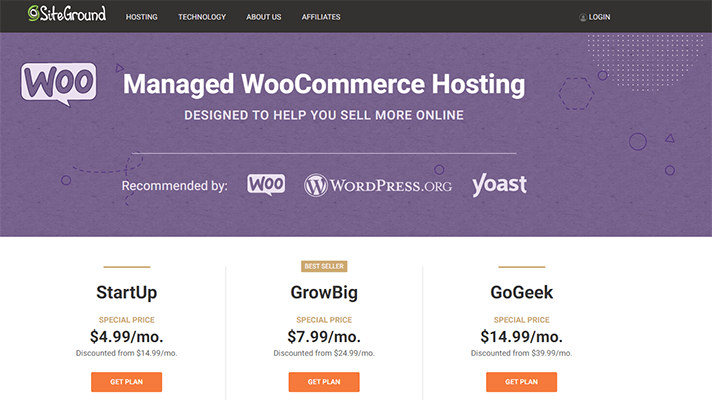 Siteground hosting company-tycoonstory | tycoonstory media Siteground’s managed woocommerce hosting landing page, displaying pricing plans like startup, growbig, and gogeek.