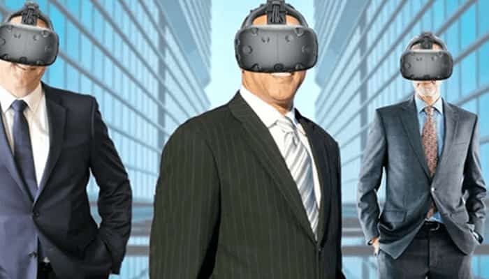 Virtual reality sold commercially - tycoonstorymedia | tycoonstory media Executives wearing virtual reality headsets representing future business innovation and immersive workplace technology.