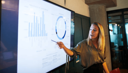 Accessibility to aspects of your business - tycoonstory | tycoonstory media Businesswoman presenting startup data, pointing at a large screen displaying bar graphs and a circular chart in a modern office.
