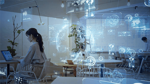 Digital transformation Digital transformation in a modern office environment with employees working amid holographic data, cloud systems, and smart workflows.
