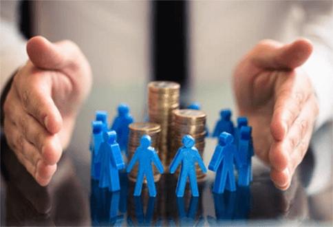 Fundraising Entrepreneurs protecting their investments and resources, symbolized by hands surrounding people and coins, signifying careful financial management and growth.