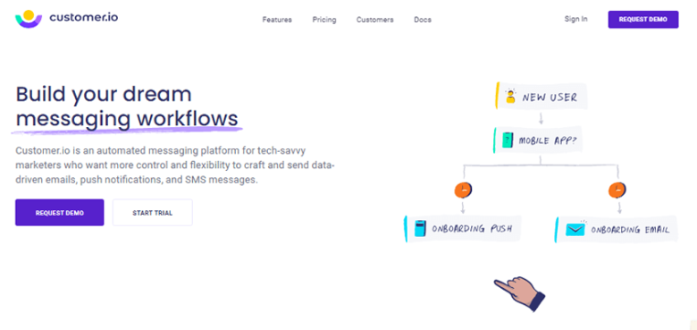 Customer. Io marketing automation software - tycoonstory | tycoonstory media Customer. Io dashboard showcasing workflow builder for marketing automation and personalized user messaging.