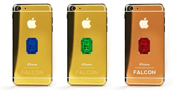 Expensive phones Gold-plated iphones with embedded gemstones, showcasing luxury expensive phones by falcon.