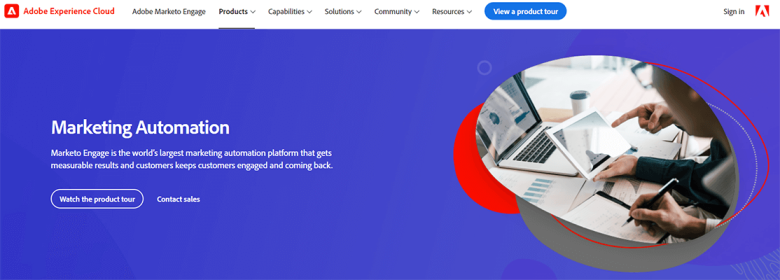 Marketo best marketing automation tool-tycoonstory | tycoonstory media Adobe marketo engage interface promoting advanced marketing automation tools for customer engagement.