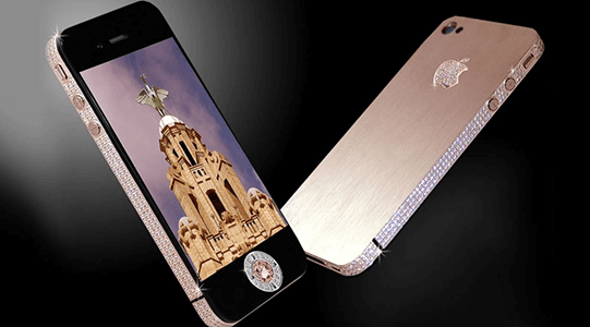 Expensive phones Rose-gold luxury phone with gemstone accents and custom artwork, symbolizing elite expensive phones.