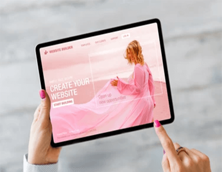 Local visibility Tablet displaying a website builder interface used to enhance local visibility through online presence and branding.