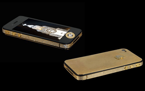 Expensive phones Ultra-luxury gold smartphone with diamond detailing, highlighting handcrafted expensive phones.