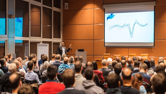 Attending expensive conferences - tycoonstory | tycoonstory media A speaker presenting to a large audience during a business seminar, focusing on strategies to avoid spending mistakes in business operations.