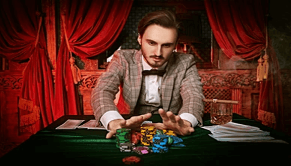 Keeps your competitive senses intact Man in a tuxedo playing poker, surrounded by chips, representing a poker game.