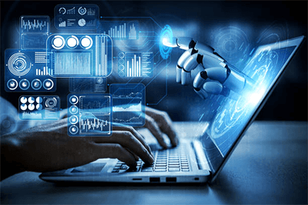 B2b marketing automation-tycoonstory | tycoonstory media A human and robotic hand collaborating on a laptop, symbolizing ai-driven innovation in b2b marketing automation.