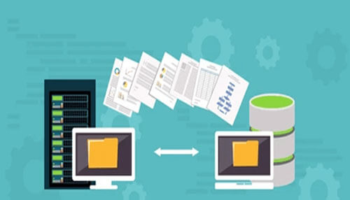 Data migration tips An illustration of data migration, with files moving between computers and databases, symbolizing the transfer and management of data during the migration process.