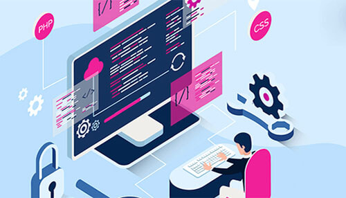 How to choose a web development company Illustration of a developer working on coding languages like php and css, representing a software development company.