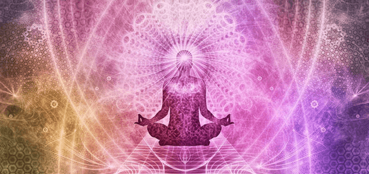 psilocybin A vibrant, abstract illustration of a person meditating in a psychedelic environment, symbolizing the mind-expanding experience of Shrooms.