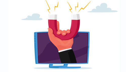 Attracting new users Hand holding a magnet emerging from a computer screen, symbolizing attracting players to online casinos.
