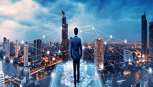 Digital transformation Modernize enterprise vision illustrated by a professional overlooking a smart city skyline with connected digital networks and innovation paths.