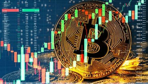 Increased adoption of bitcoin Bitcoin coin overlaid with financial charts showing market trends and cryptocurrency price movements