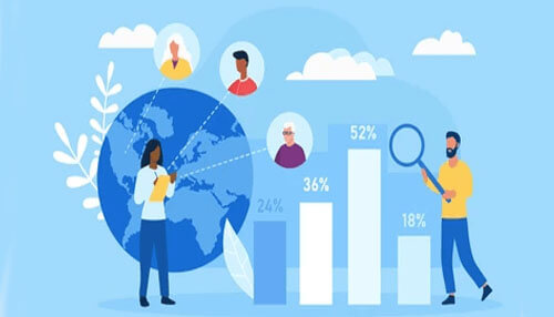 Know the demographics Illustration of people analyzing demographic data and global maps, showing how customer insights help determine the best location for your restaurant.