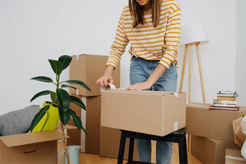 Packing tips and tricks Person sealing a box with tape, surrounded by packed boxes, a plant, and household items, symbolizing stress free moving.
