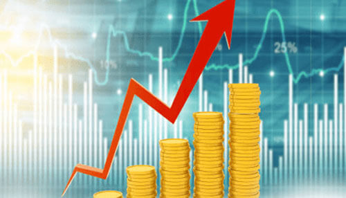 Type of investing Stacks of coins with an upward red arrow and a rising stock chart in the background, illustrating the growth and profitability of shares and stocks.