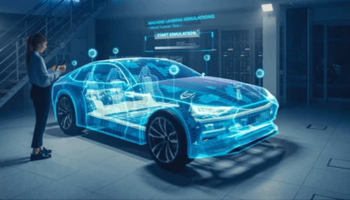 Automotive industry Futuristic augmented reality concept in the automotive industry, featuring a smart car with a holographic interface, ai driven vehicle diagnostics, and machine learning simulations