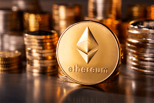 Buy altcoins Golden ethereum coin standing among stacked coins, representing cryptocurrency investment and digital finance.