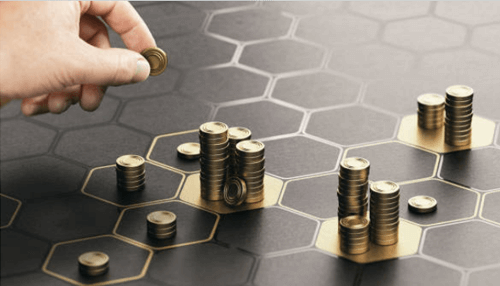 Diversify investments Stacks of coins arranged in a hexagonal pattern, symbolizing the strategic growth and investment potential in cryptocurrency.