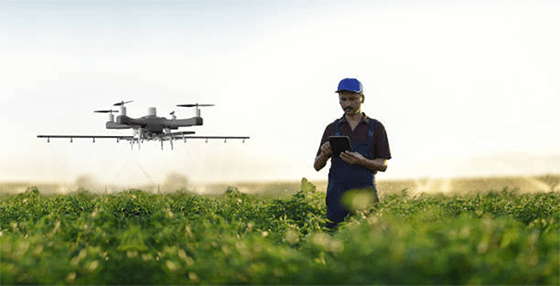 Agricultural services An agricultural worker in a blue uniform and cap using a tablet to remotely operate a specialized crop-spraying drone over a lush green field, demonstrating the precision of a modern drone service business.