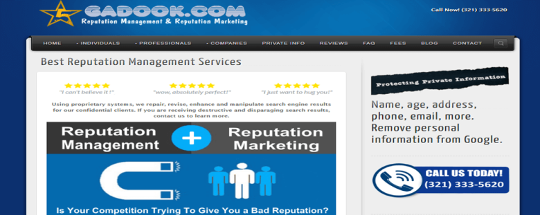 Gadook top Gadook website advertising reputation management services, showcasing its approach to removing negative information from search engines. ”