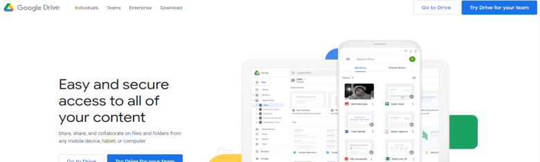 Google drive Google drive interface showing easy and secure access to files and documents, a key feature of document management software for businesses