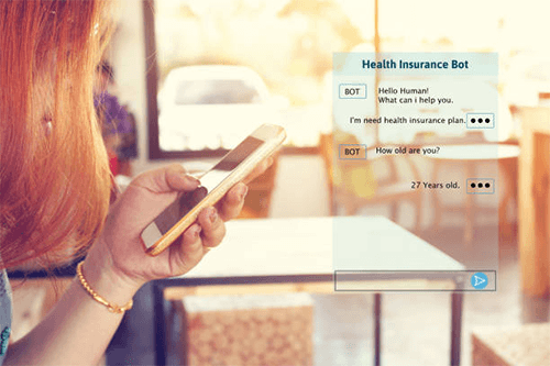 Easier integration Insurtech chatbot interface on a smartphone, showing a user chatting with a health insurance bot to get personalized insurance plan recommendations.