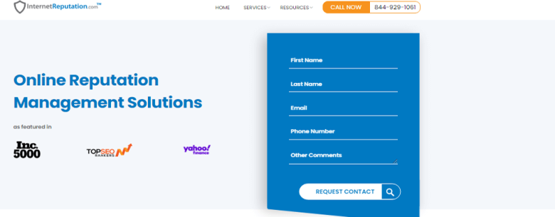 Internetreputation. Com Internetreputation’s website offering online reputation management solutions with a contact form for customer inquiries.