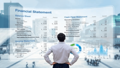 Preparation of financial statements Business professional analyzing financial statements with charts and graphs, reviewing cash flow and balance sheet data in a futuristic digital environment.