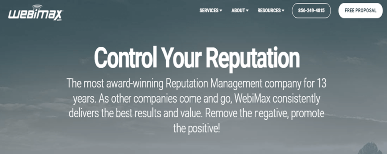 Webimax Website page of webimax showcasing their online reputation management services, with the tagline ‘control your reputation.