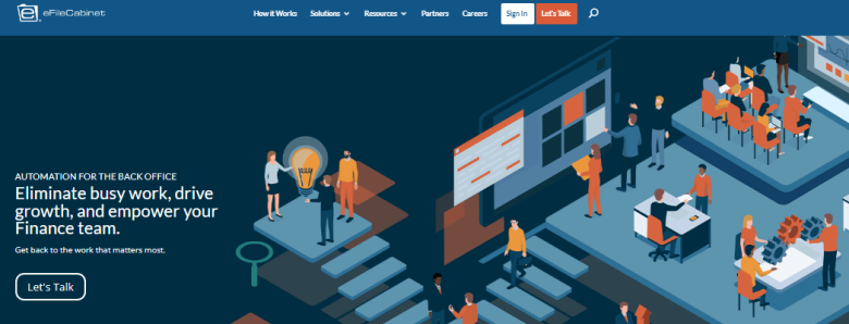 Efilecabinet Efilecabinet website showcasing its document management software to automate back-office tasks and enhance business productivity.