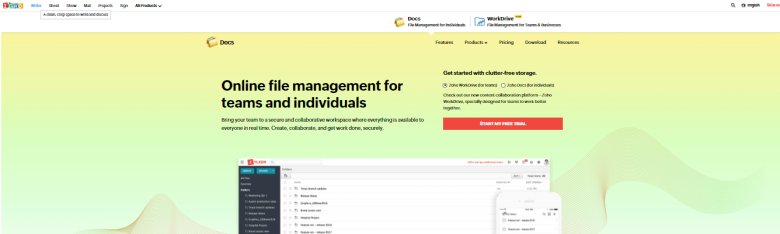 Zoho docs Screenshot of an online document management platform for teams and individuals, highlighting file management and collaboration features