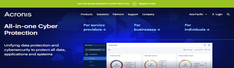 Acronis A screenshot of acronis' website, showcasing their all-in-one cyber protection services, which provide data security solutions for businesses, individuals, and service providers. Relevant for Online Stock Brokers looking for secure platforms.