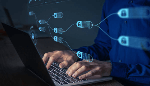 Assuming encryption equals security - tycoonstory | tycoonstory media Person using a laptop with blockchain network visualizations, highlighting cryptocurrency transactions and security.