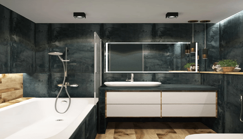 Both shower and bathe in a bath tub Modern bathroom featuring both a sleek bathtub and shower, with a minimalist design, dark stone walls, and wooden accents, highlighting the versatility of bathtubs in contemporary spaces.