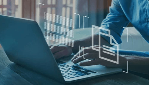 Converting pdfs to word documents Convert pdfs: a person typing on a laptop, with digital file icons representing document management and processing on the screen.