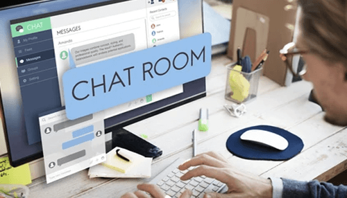 Create a chat room Website wireframe planning displayed on desktop screen as designer reviews layout and structure for user experience