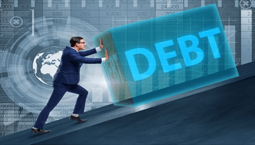Debt recovery - tycoonstory | tycoonstory media A businessman struggling to push a large block labeled'DEBT,' symbolizing the challenges of managing business debt.