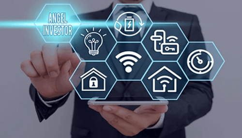 Michael goguen A businessman interacting with a digital screen displaying icons representing innovation, technology, and investment opportunities, symbolizing michael goguen's expansion into the tech sector through angel investing.