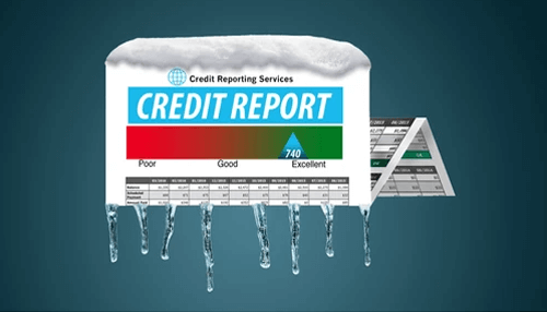 Freeze your credit report A frozen credit report graphic with a score of 740, symbolizing the coldness of poor credit, with icicles hanging from it, representing potential risks of identity theft.