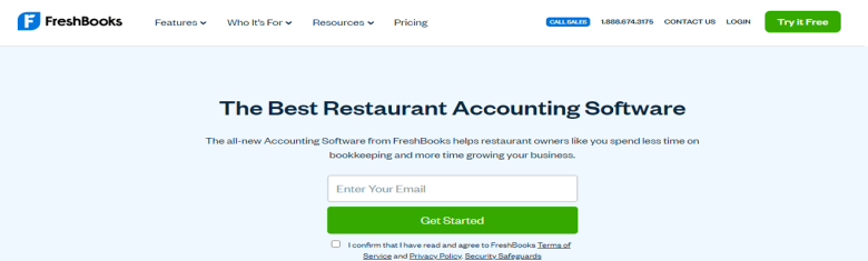 Freshbooks Freshbooks restaurant accounting software landing page highlighting bookkeeping tools for restaurant owners