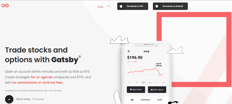 Gatsby Gatsby’s website promoting commission-free stock and options trading, ideal for mobile investors seeking simple and low-cost trades.