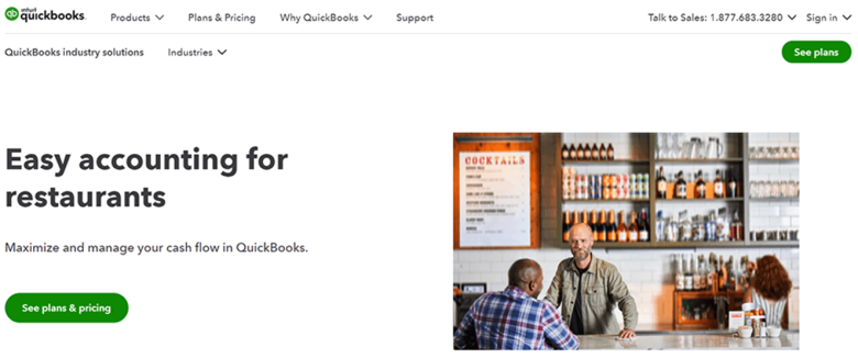 Quickbooks online Quickbooks restaurant accounting software homepage showing easy accounting solutions for restaurants and cash flow management